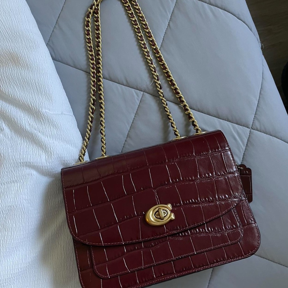 Coach Madison Burgundy Croc-Embossed Shoulder Bag with Gold Chain